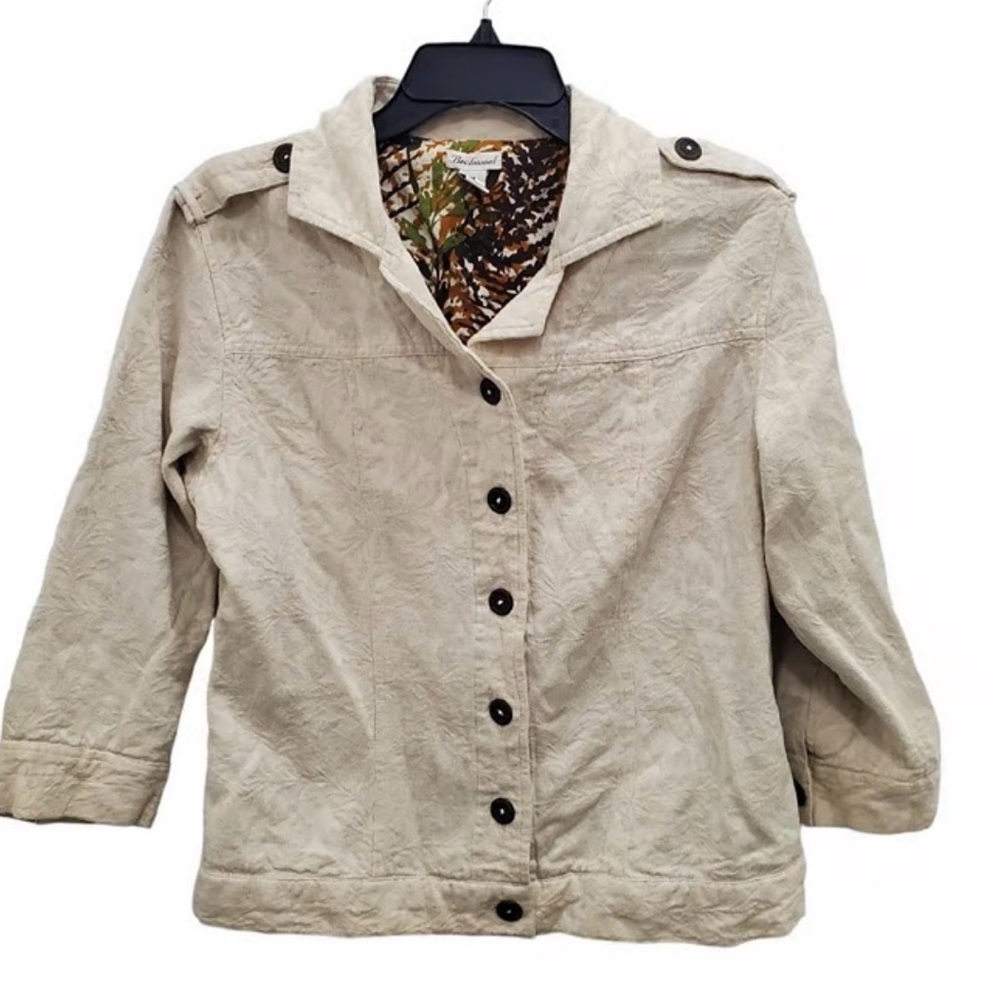 Bechamel Linen Blend Button Front Jacket Women Size L Beige Textured Floral Boho